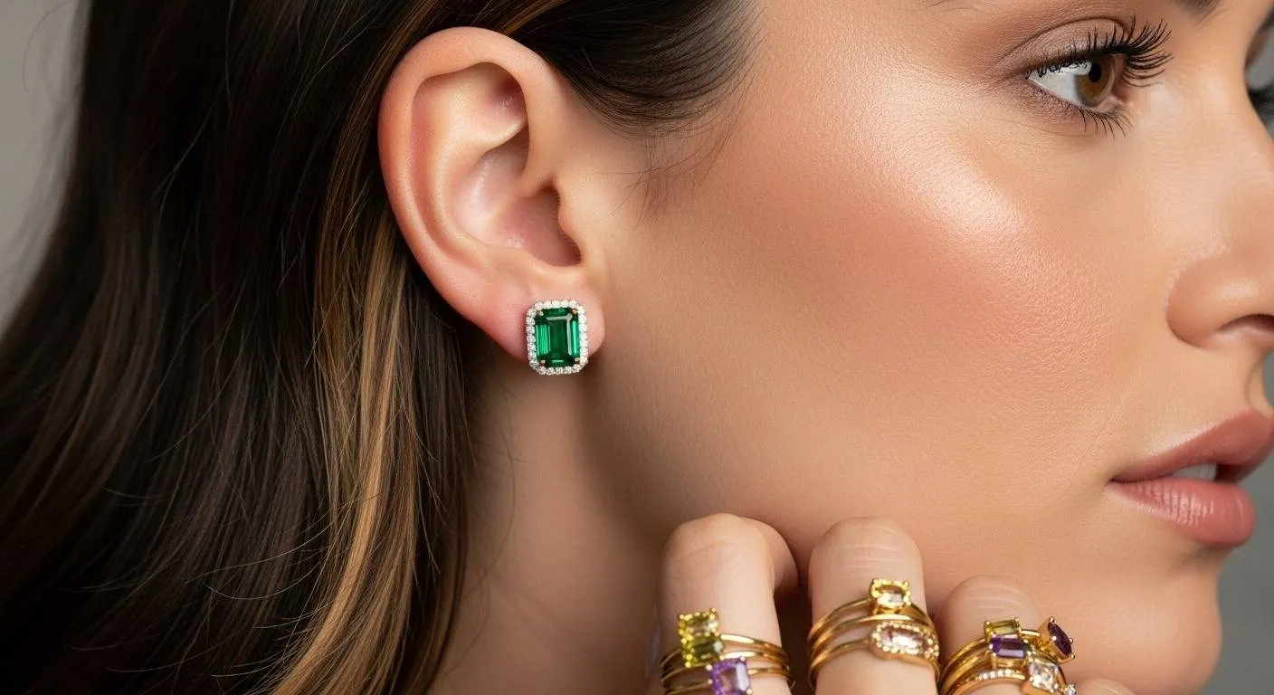 A woman showcasing a vibrant green emerald stud earring, complemented by an array of colorful rings on her fingers. Her sleek hairstyle and subtle makeup enhance the boldness of the jewelry.
